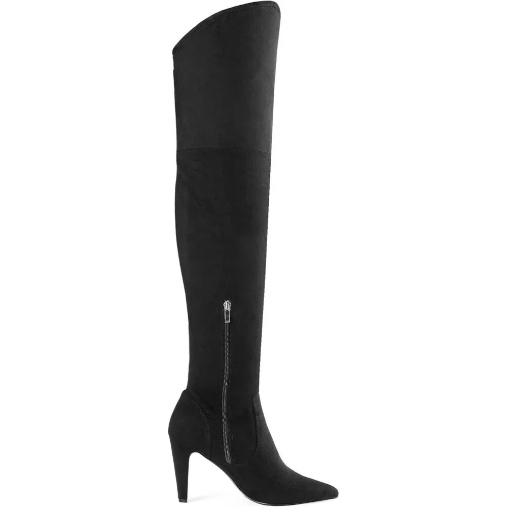 Women's Black/Suede Faux Leather Thigh High Over The Knee Long Pointed Toe Boots